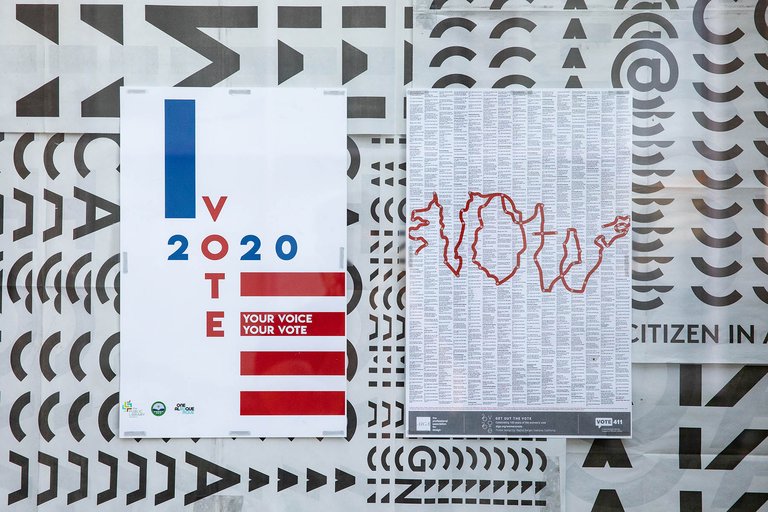 Rick Gutierrez (Interdisciplinary Design and Photography 1982), 'Vote 2020' and Rachel Berger (CCA Chair of Graphic Design), 'Oakland to Seneca Falls,' in the CCA Hubbell Street Gallery windows.