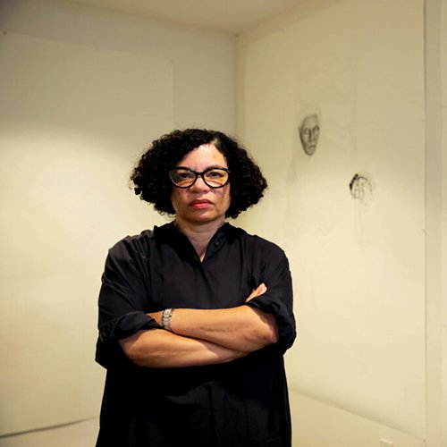Artist Lava Thomas, a 2020 Artadia Award winner, stands inside her studio in Berkeley in 2019.