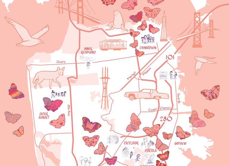A pink and white map of San Francisco drawn by Christine Wong Yap, overlaid with butterfly artworks by students at Edwin and Anita Lee Newcomer School.