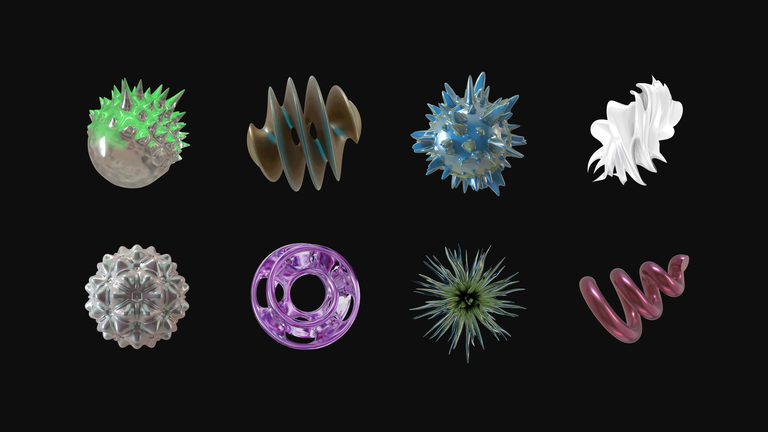 The image is of artwork called Cymatic Seeds by Viola Sun, 2022 which features various digitally created shapes with the likeness of organic materials.