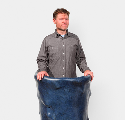 Ceramic sculptor Nathan Lynch w/Speech Aboard the Iceberg, 2021, glazed ceramic, 44 x 28 x  284 inches.