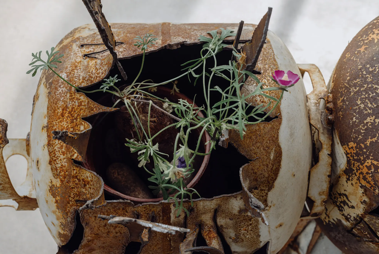 A sculpture that is made of rusted steel with a flower growing from its surface.