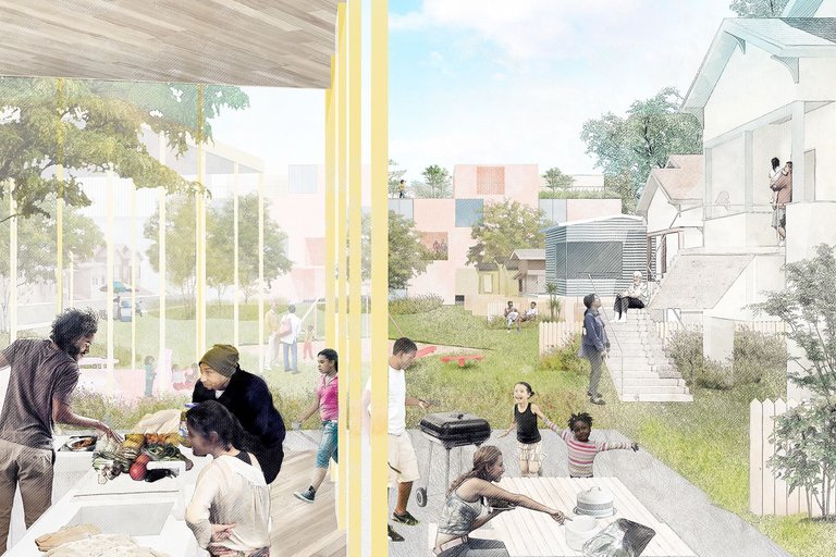 Drawing of people of all ages and ethnicities gathering for picnics and barbecues in a green space surrounded by houses.