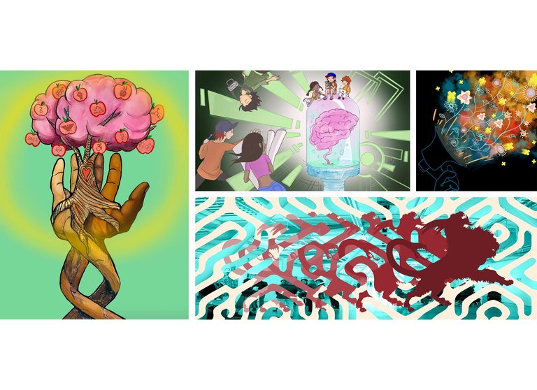 Colorful digital illustrations represent the Creative Accord principles. A hand holding a tree, students floating around a brain in a bell jar, a bullhorn with flowers coming out of it, and an abstract pattern with a chimera beast.