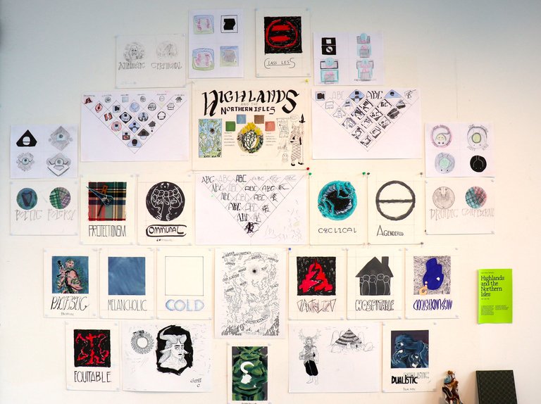 Photo of a collaged group of graphics, posters, and text that says Highlands and the Northern Isles.