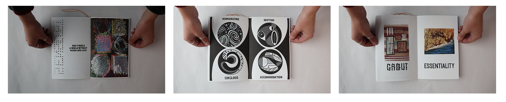 Photos of zine open to different pages with a mix of abstract illustrations and text.