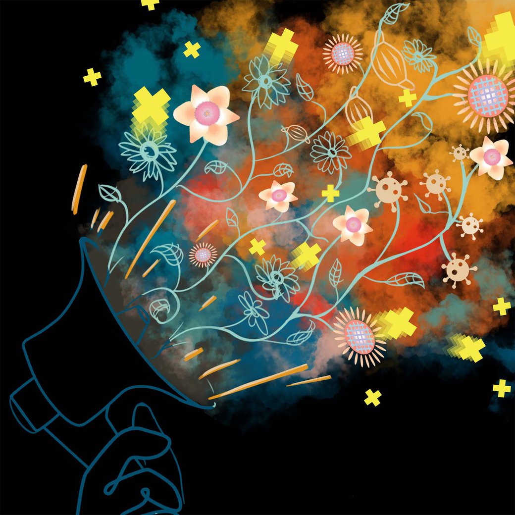 A bullhorn with flowers and other abstract illustrative elements coming out of it.