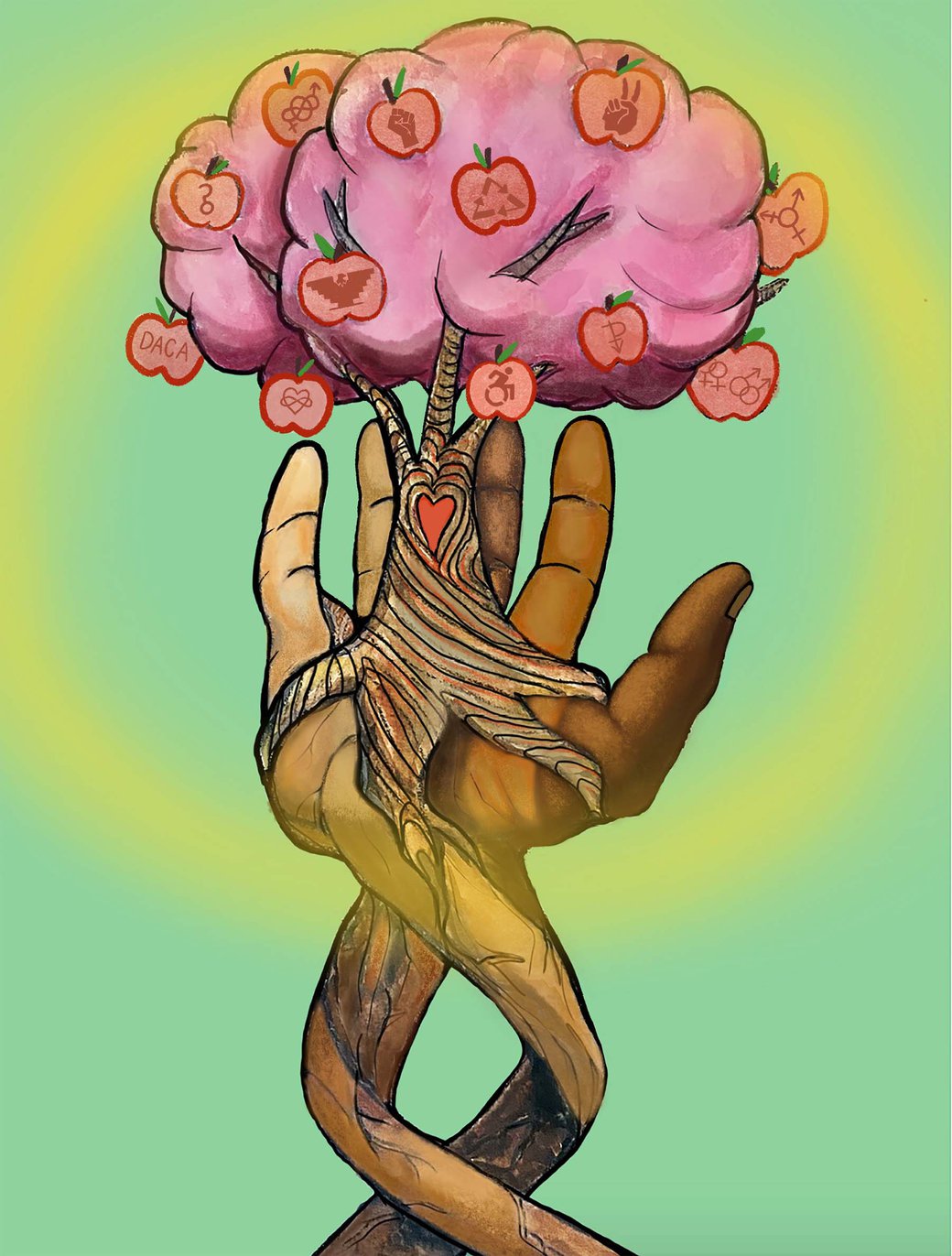 A hand holding a tree with a heart in its trunk.