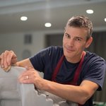 Portrait of artist Vincent Fecteau working in his studio.