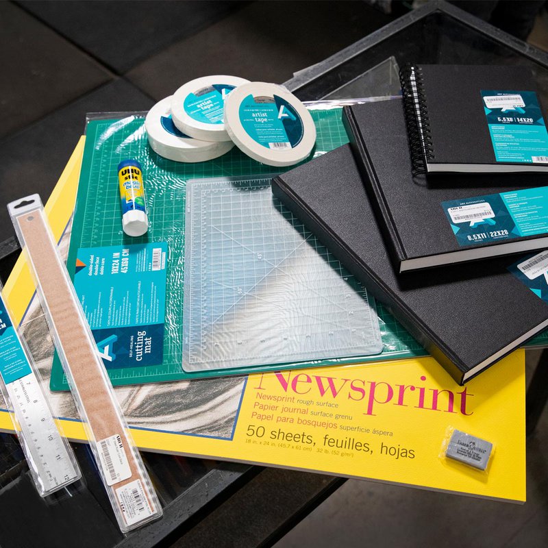 CCA's First Year Kit from ARCH Art Supplies includes a sketch pad, kneaded eraser, rulers, cutting mat, and art knife.