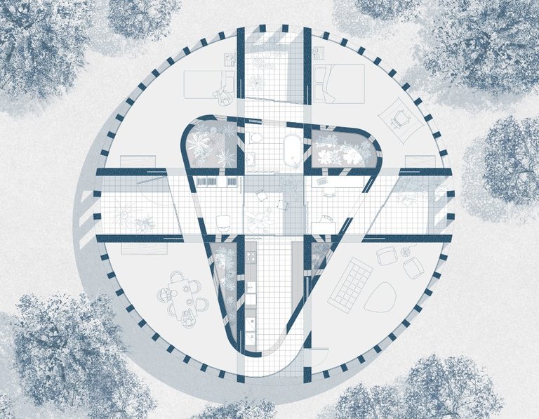 he Depth of Fields house uses three superimposed geometric forms—a circle, cruciform, and triangle—to create voids for circulation, interior gardens, and inhabitable space.