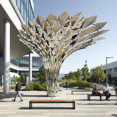 A stainless steel public sculpture by Futureforms titled Cosmos (2021)