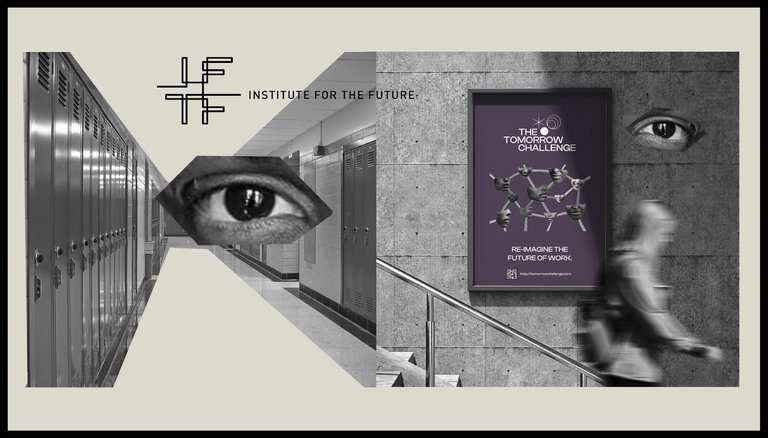 Black-and-white photo with overlaid graphics that say “Institute for the Future” as well as close-up shots of a human eye.