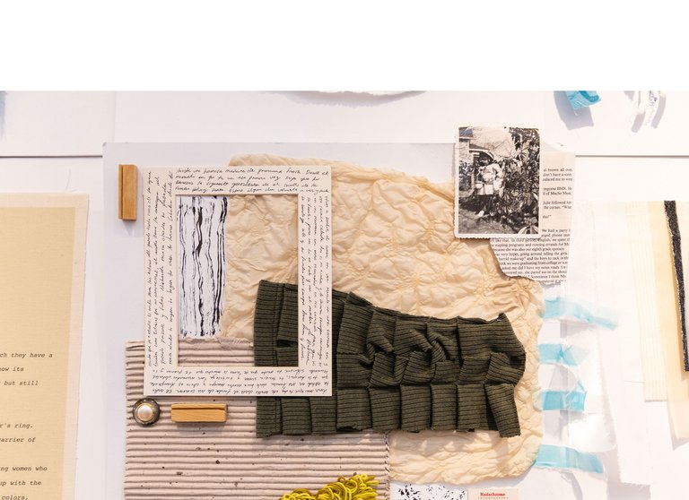 A flat-lay image of textiles, photographs, and text-based work by CCA student Melissa Rodriguez.