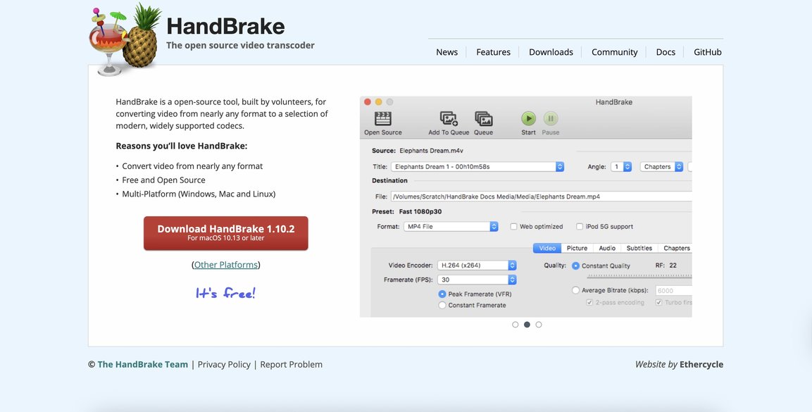 Website for the video compression software, HandBrake.
