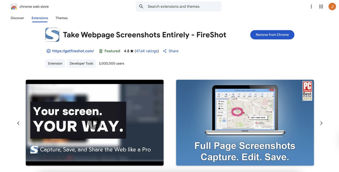 A screenshot of FireShot in the Google Chrome Store.