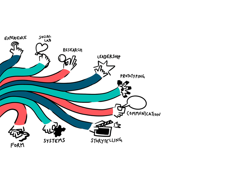 Illustrated graphic of many arms with hands holding various shapes and words above them.