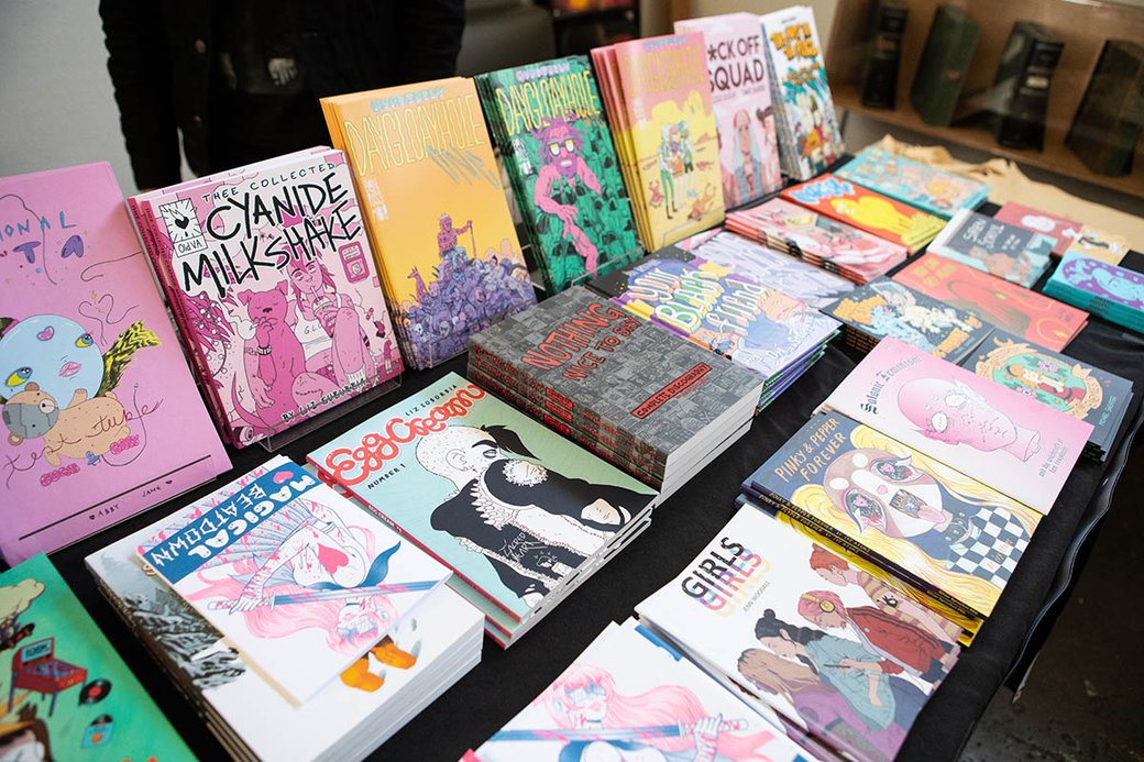 An array of Silver Sprocket–published comics at the spring 2019 pop-up comics expo.