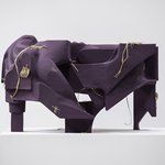 Vincent Fecteau, Untitled, 2019, papier mâché, resin clay, acrylic, burlap, raffia, 20.5 x 27.25 x 34 inches.