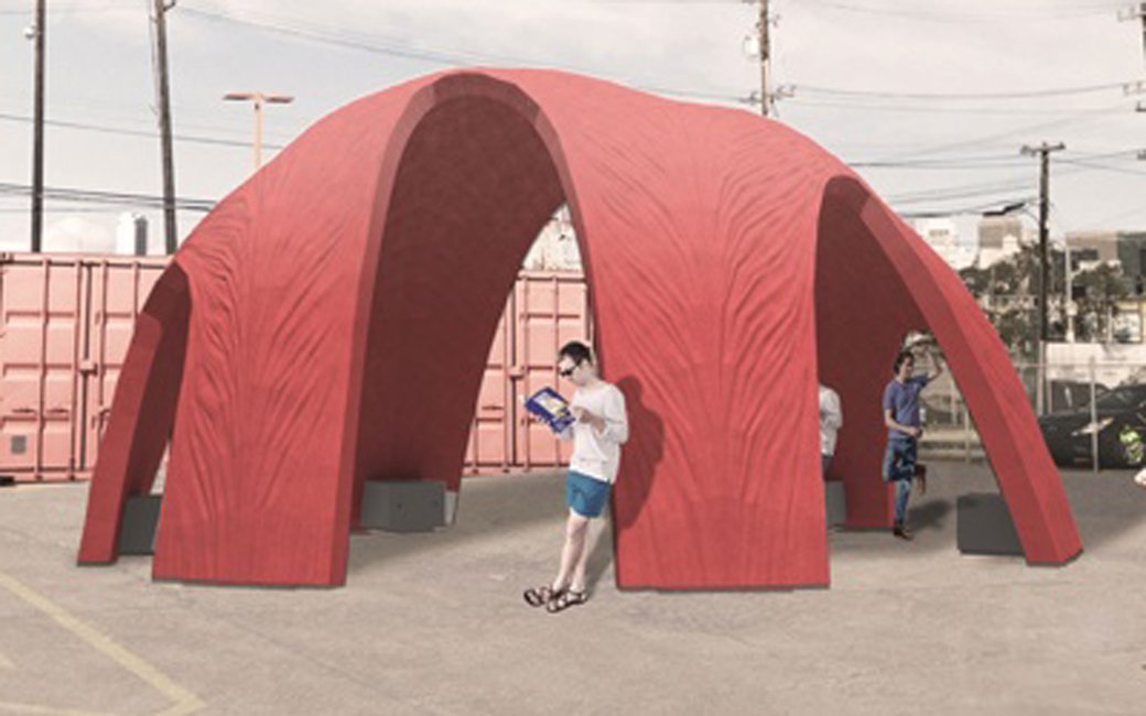 Shell structure made of robotically milled waste foam coated with polyurea.