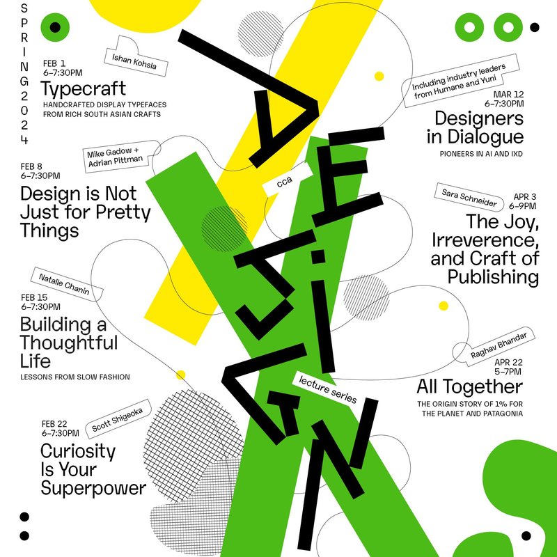 Spring 2024 Design Lecture Series graphic poster with green and yellow blocks behind black text.