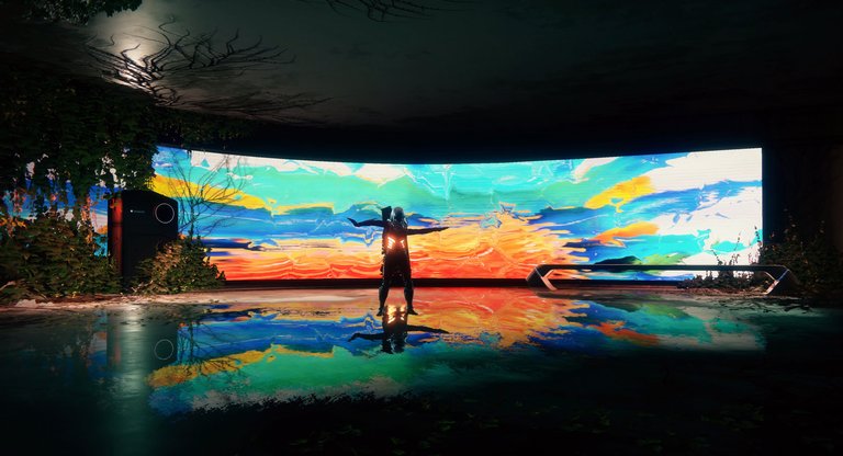A digital avatar dances in front of a colorful video screen.