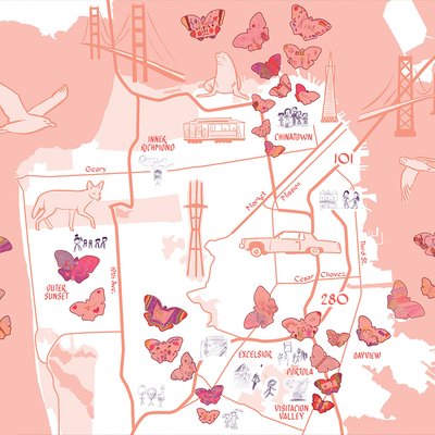 A pink and white map of San Francisco drawn by Christine Wong Yap, overlaid with butterfly artworks by students at Edwin and Anita Lee Newcomer School.
