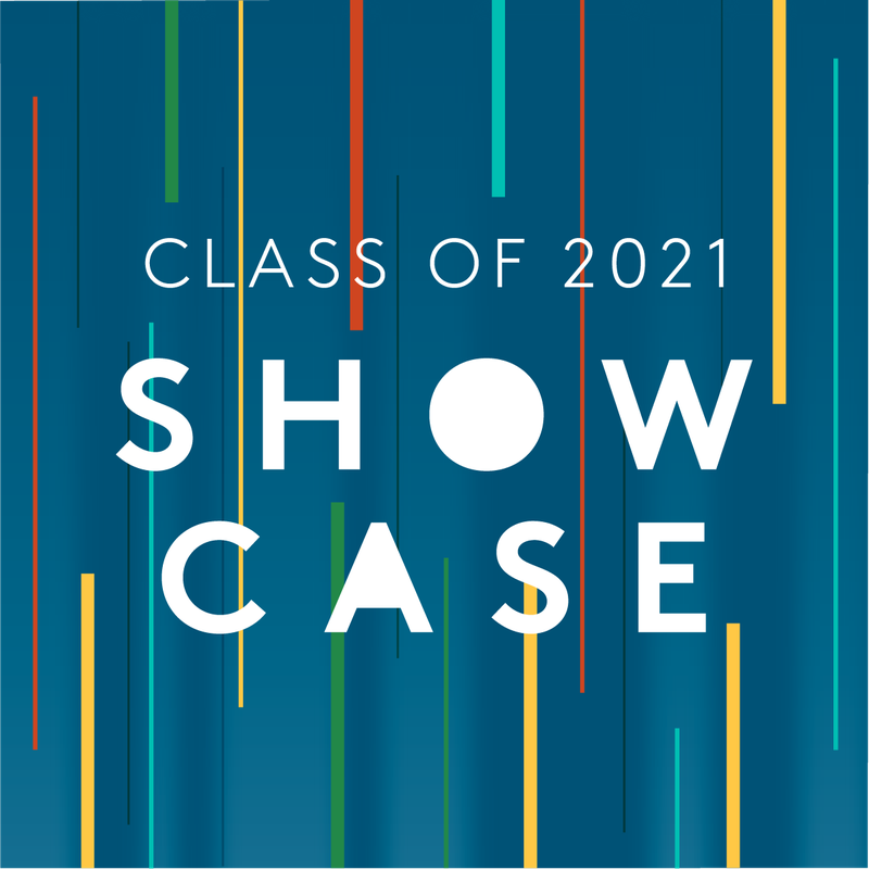A dark blue graphic that reads Class of 2021 Showcase with multicolored vertical stripes of different widths.