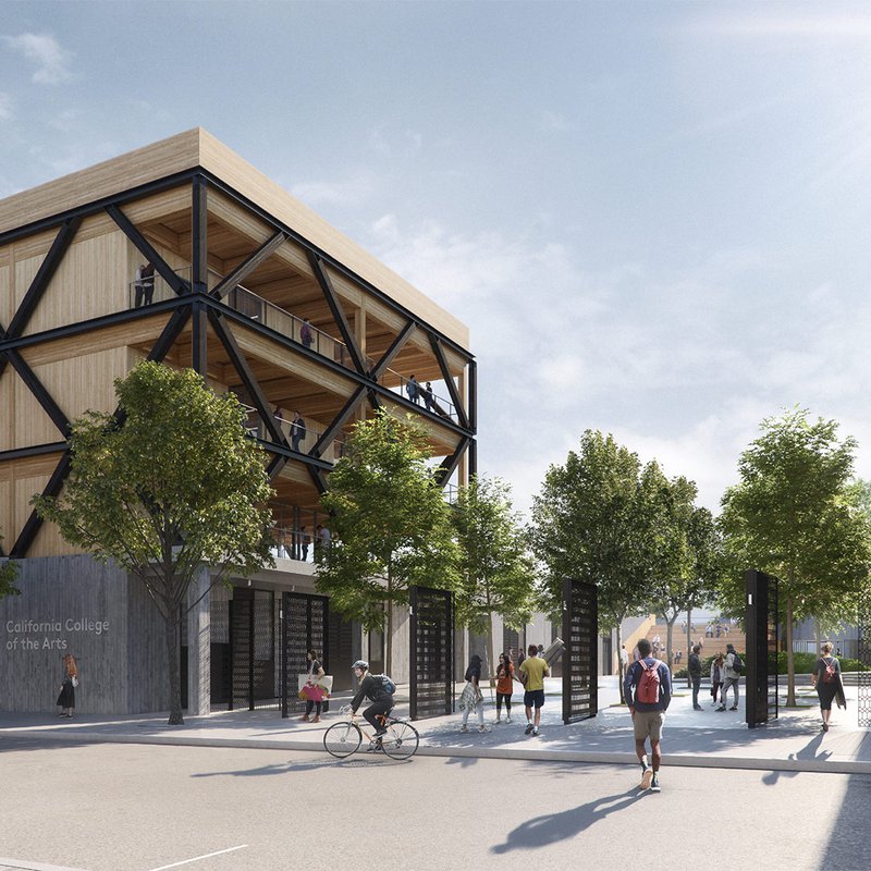 An architectural rendering, or illustration, of CCA’s planned Double Ground campus shows groups of students walking together and playing Frisbee on a lawn surrounded by gardens, a plaza, and new buildings for classrooms and studios.