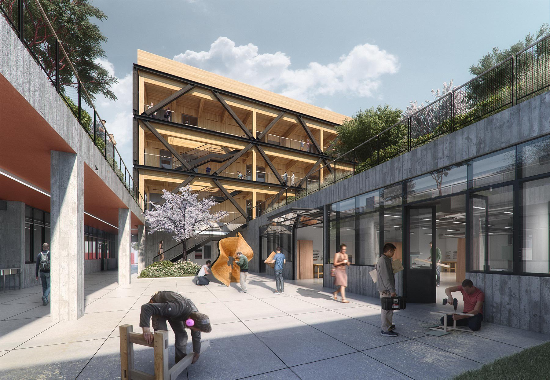 An architectural rendering, or illustration, of a maker yard, a flexible outdoor courtyard for collaborating and working with heavy materials.