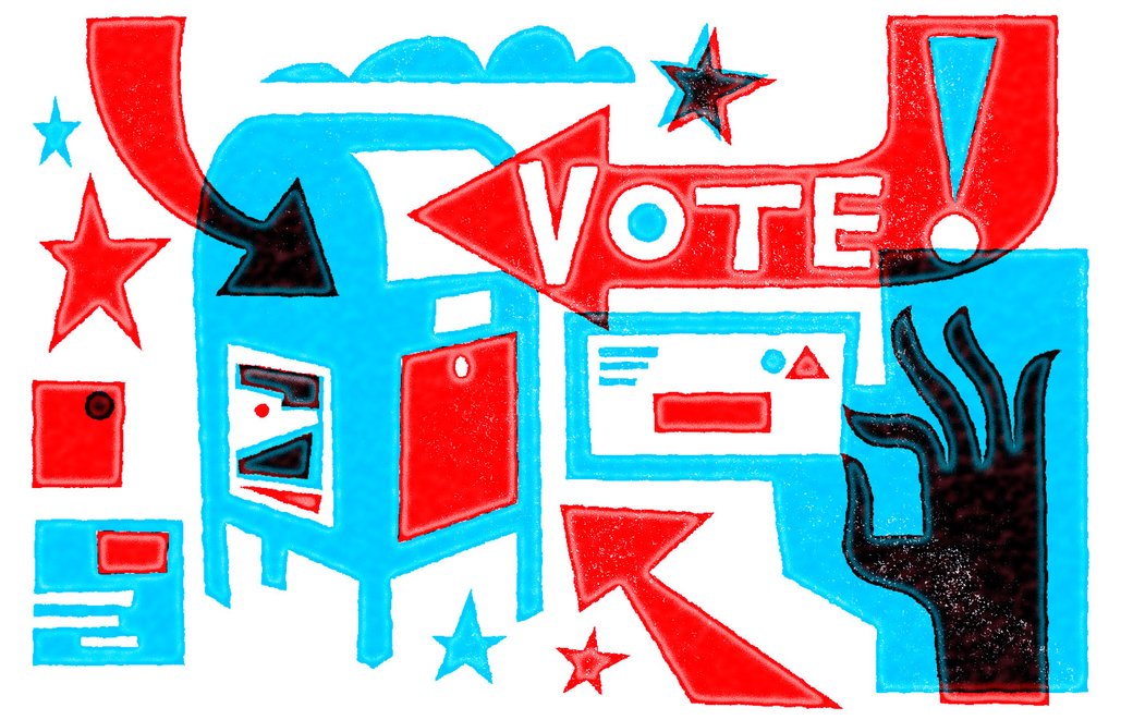 A red, white, and blue illustration of a hand delivering a mail-in ballot