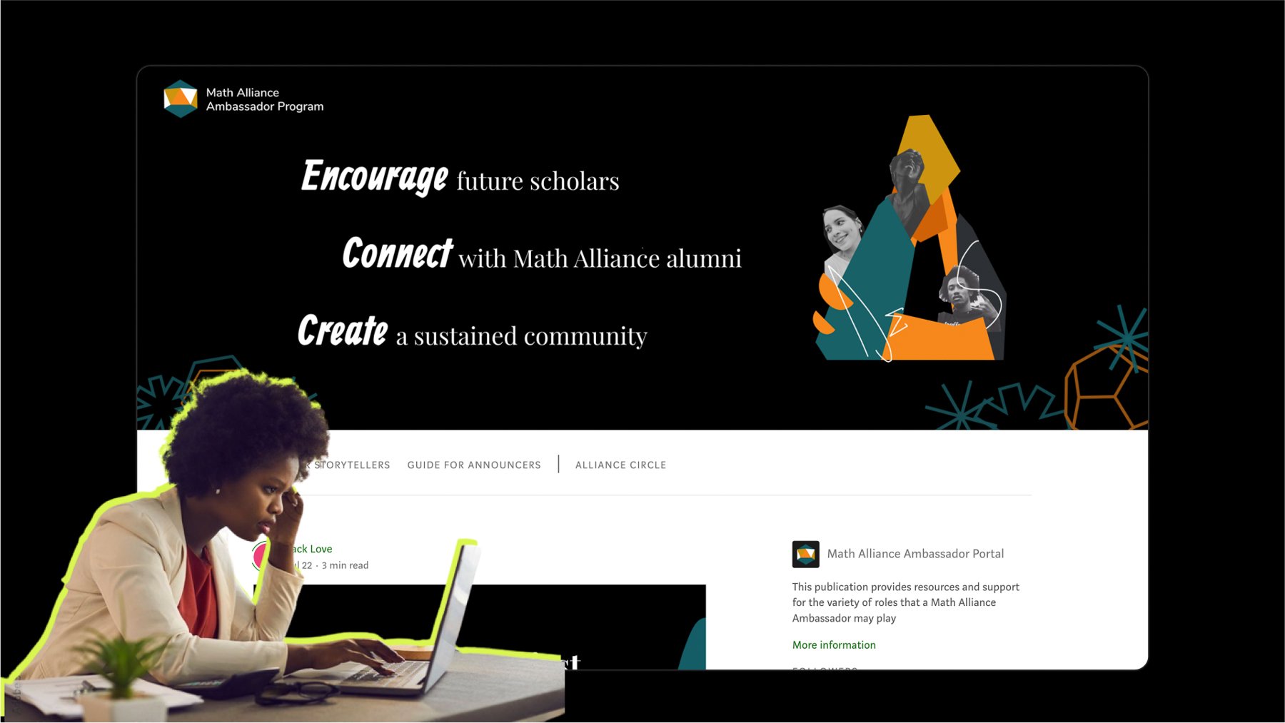 A slide for Math Alliance Ambassador program with display text that says: Encourage, Connect, Create.