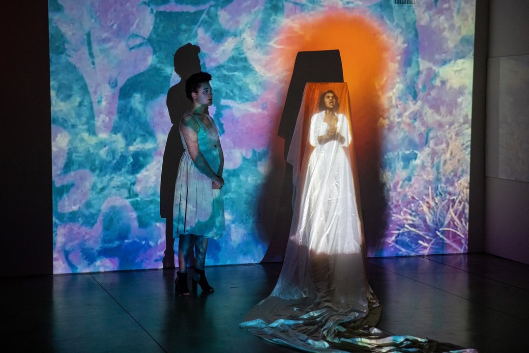 Mary Graham performing as part of a painting + projections class.