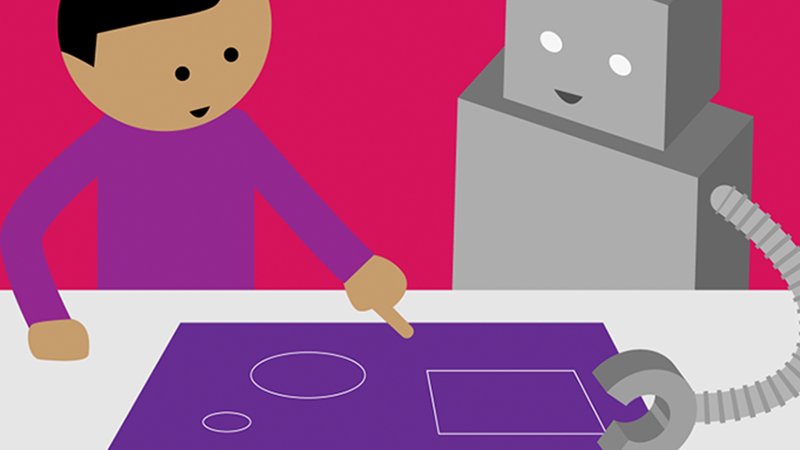 A pink and purple graphic drawing of a person working with a robot on design.