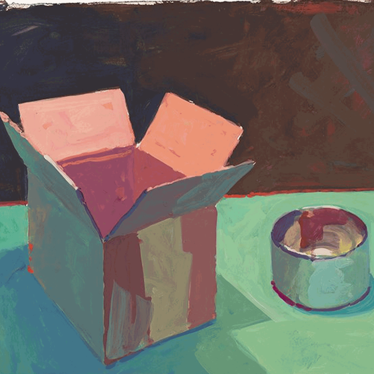 Painting of an open cardboard box in various shades of red, pink, and orange.