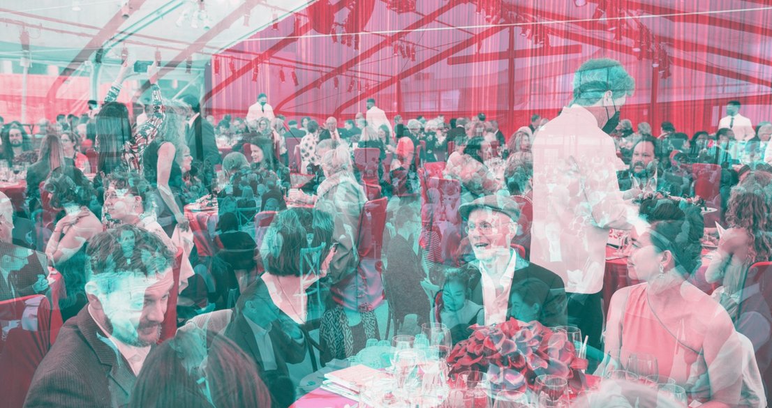 A double exposure of two images overlooking dinner tables with guests at previous CCA Galas.