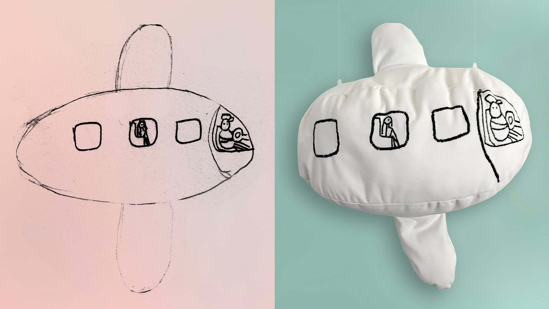 Left: Airplane drawing by Zifeng, a student at Edwin and Anita Lee Newcomer School in San Francisco’s Chinatown. Right: Christine Wong Yap with contributors, Stuffed Airplane (inspired by Zifeng), 2022. Velvet, batting, thread, 21 x 16 x 8 inches.
