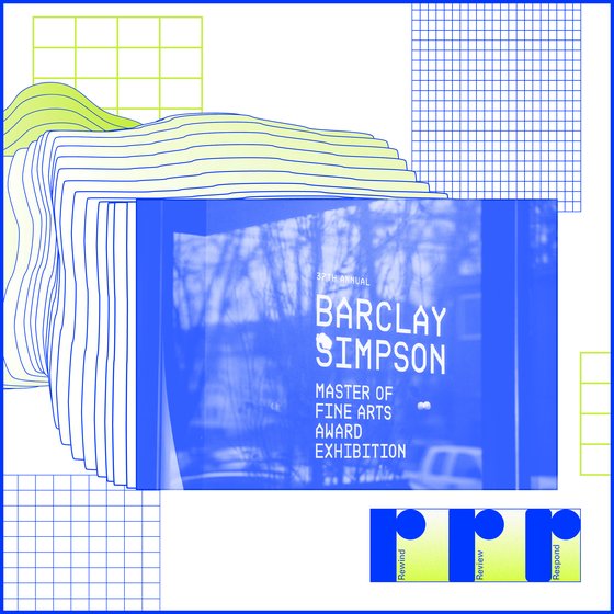Yellow and blue grid float around an image of Barclay Simpson exhibition title text.