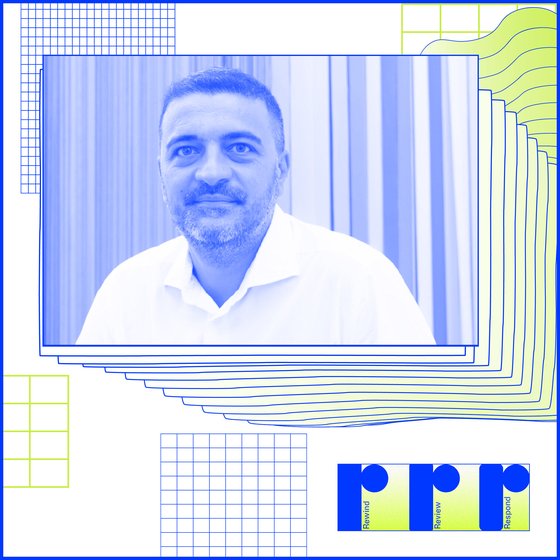 Colorful yellow and blue grid with a profile photo of Lorenzo Balbi.
