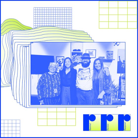 Colorful yellow and blue grid with a profile photo of a group of people.