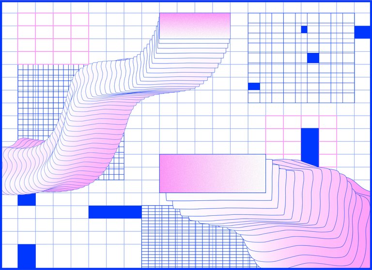 Colorful grid of line based shaped that look like they're bouncing or floating around the screen.