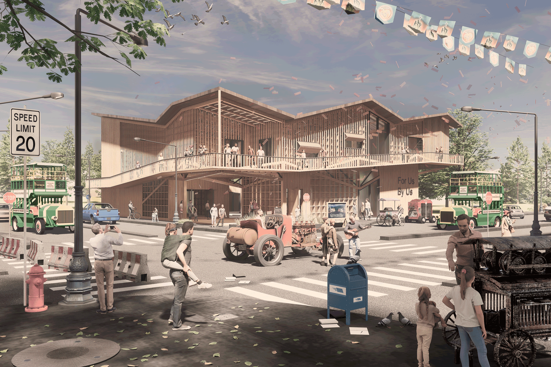 Architectural rendering of a four-way intersection with a wood-framed modernist structure in the center.