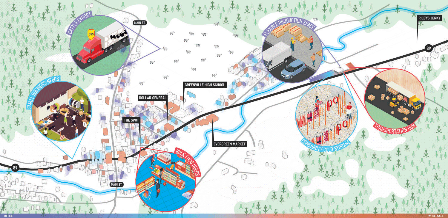 A diagram of Greenville with its signature main thoroughfare alongside Wolf’s Creek.