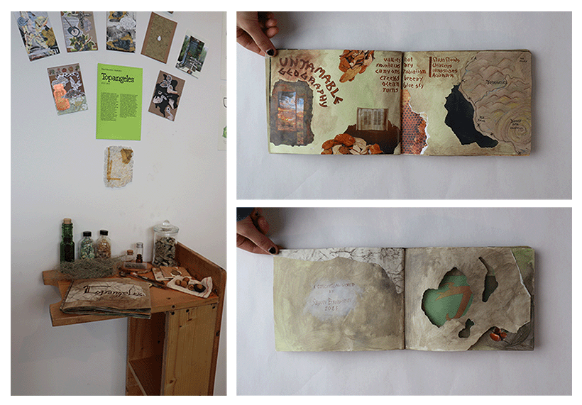 Photos of excerpts from a handmade book with illustrations of maps, collages, and text.