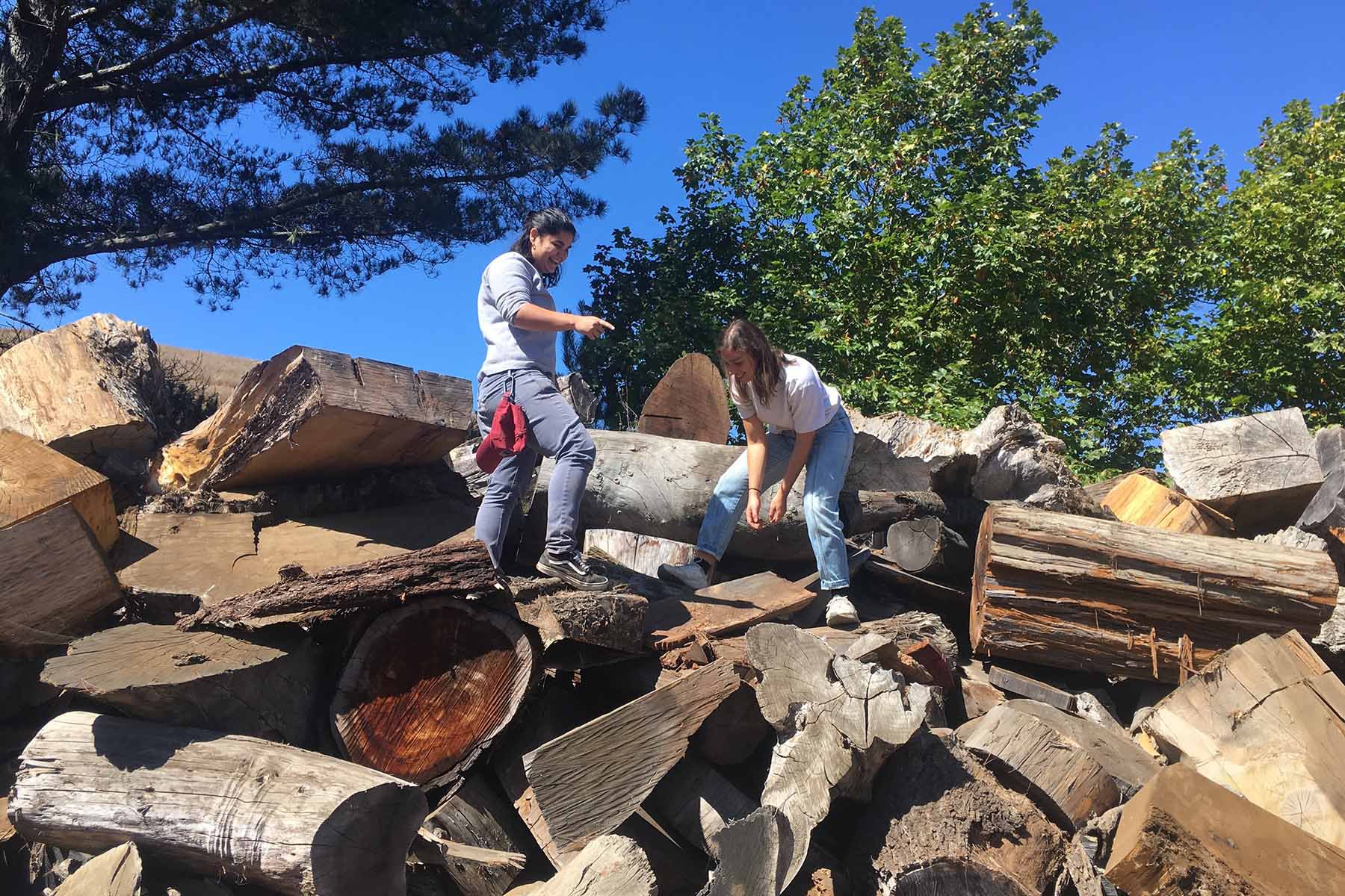 Students selecting wood pieces to transform into furniture.