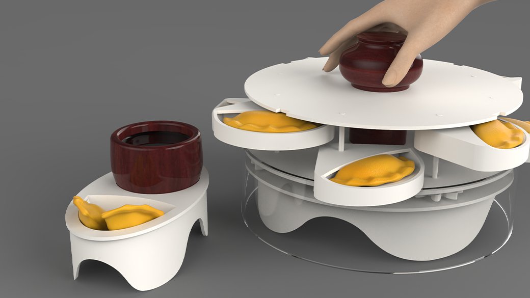 Computer-generated geometric shapes forming a 3-D empanada-serving set.