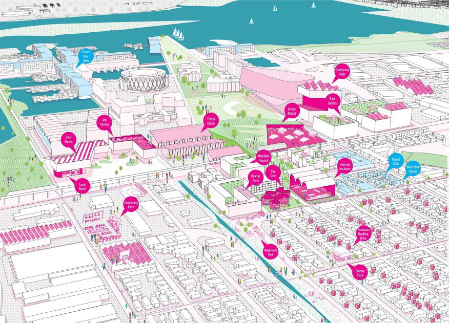 A landscape rendering of a city neighborhood adjacent to a bay with points of interest highlighted in pink.