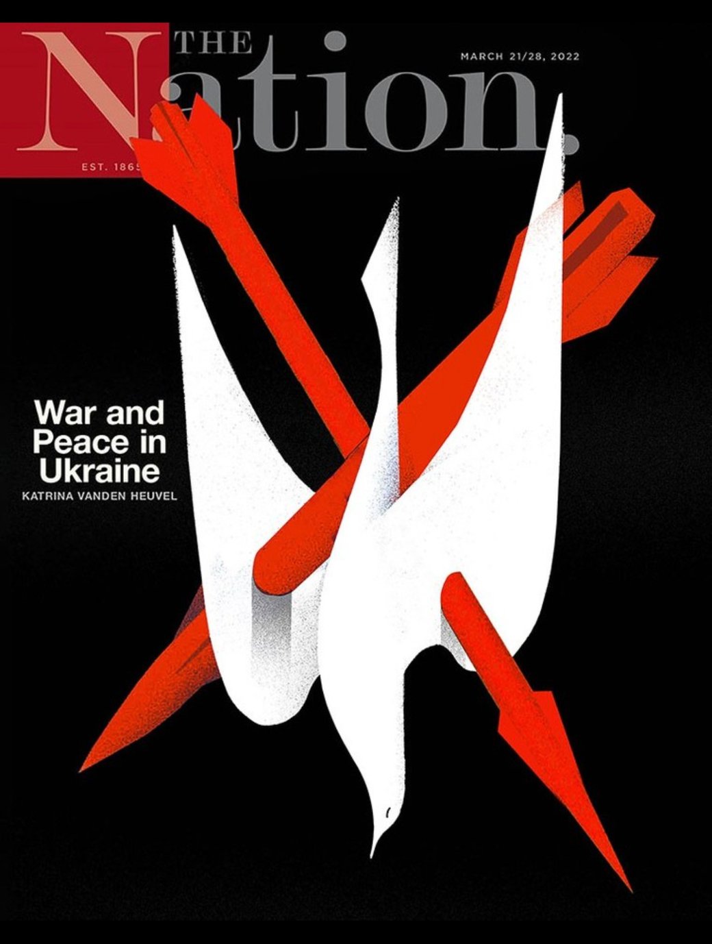 Magazine cover art featuring a large white dove facing downward with two large red arrows piercing its wings.
