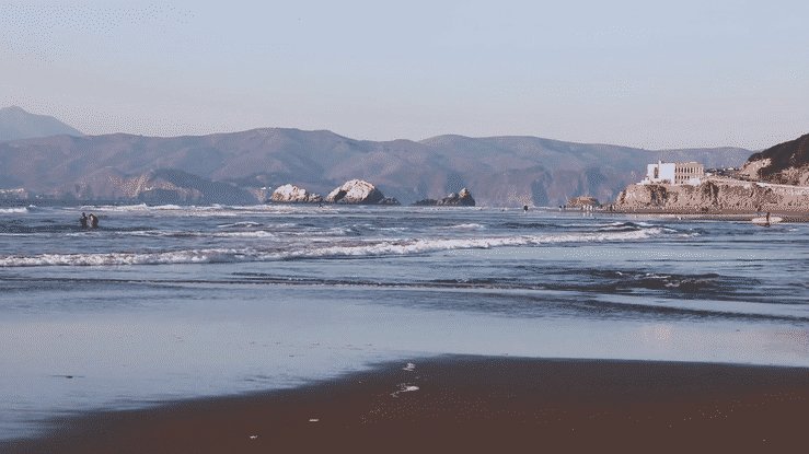 A looping GIF of waves crashing on Ocean Beach with the Sutro Baths in the distance.