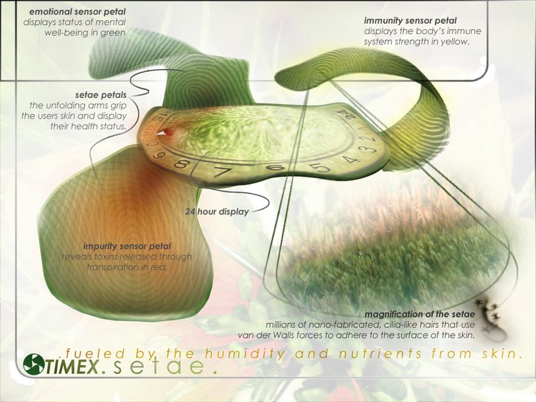 A digital illustration of a green undulating watch with petals and text explaining how the watch works.